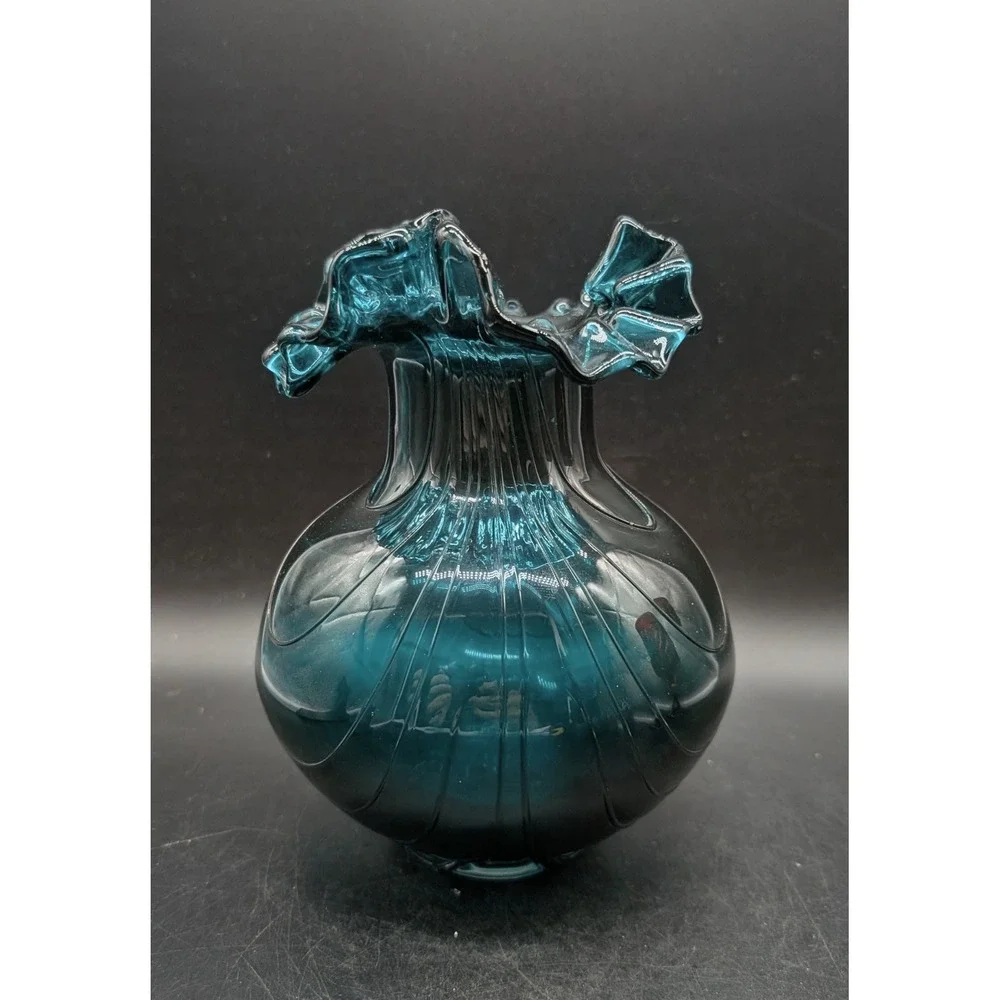 Vintage Teal Blue Hand Blown Art Glass Vase Ruffled Rim Optic Ribbed Bulbous 7